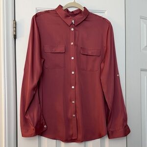 LOFT Women's Muted Rust Silk Button-Up Blouse